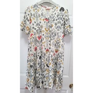 Fusion Women's 100% Viscose Ikat Print White Short Sleeve Dress - Size Large